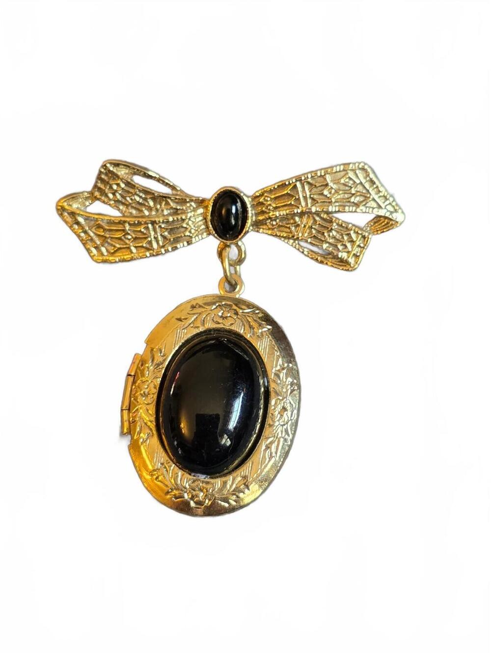 Vintage Gold-Tone Ribbon Bow Pin Brooch with Dangling Oval Photo Locket